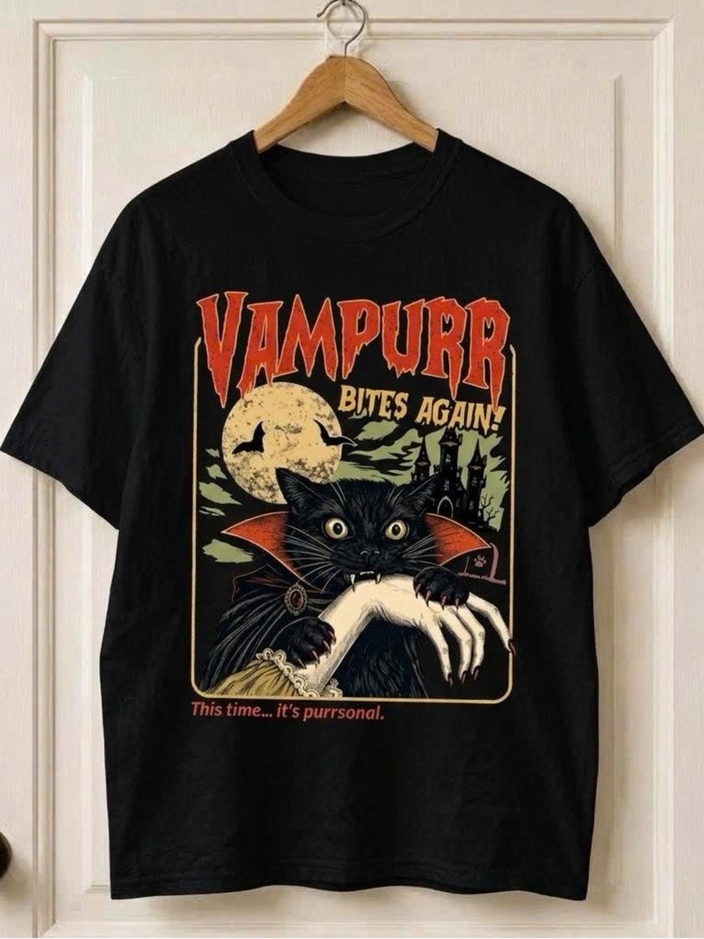 Vintage Vampurr Bites Again Black Graphic Cat Tee